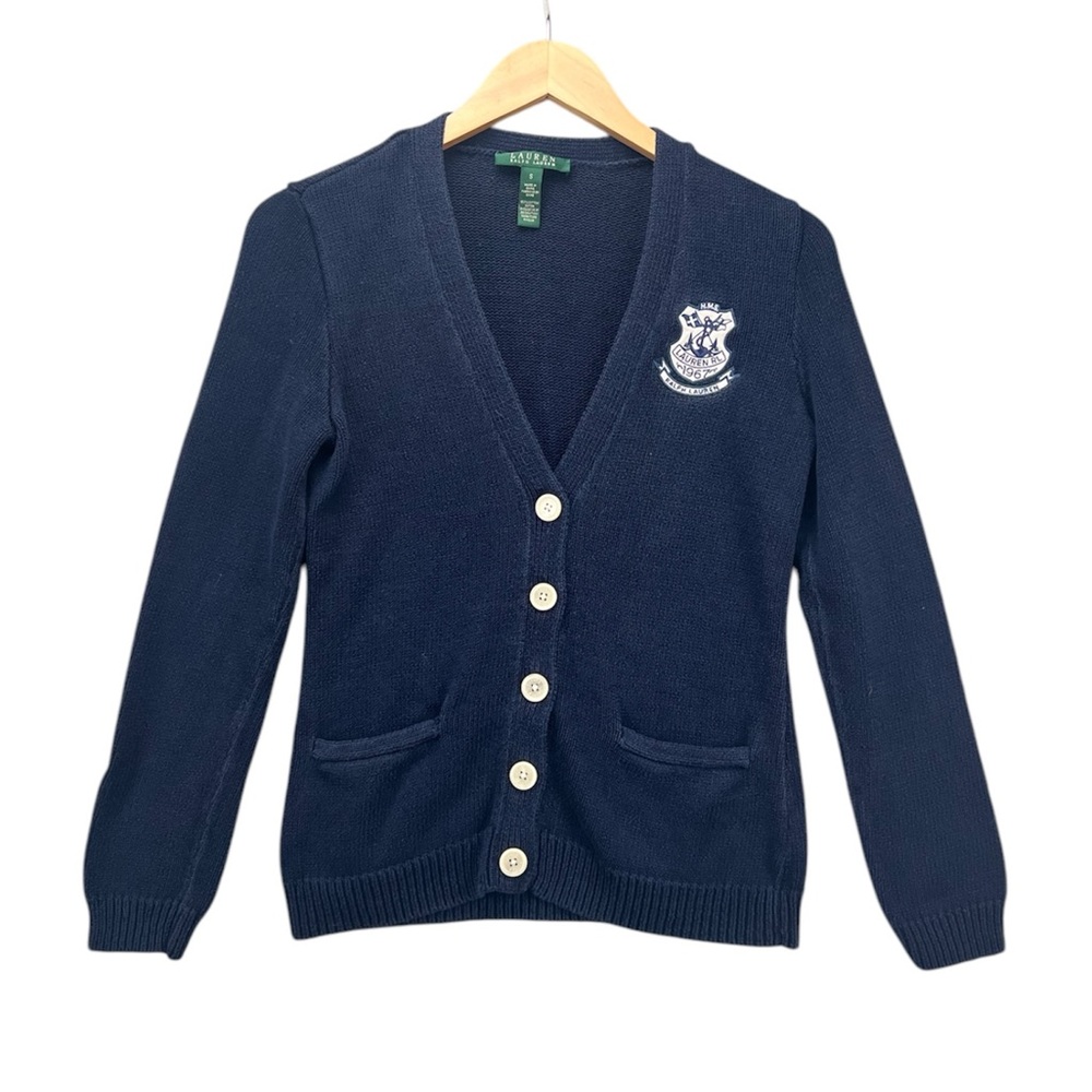 Lauren Ralph Lauren Blue Cotton Embroidered Patch Buttoned Cardigan Sweater Sm